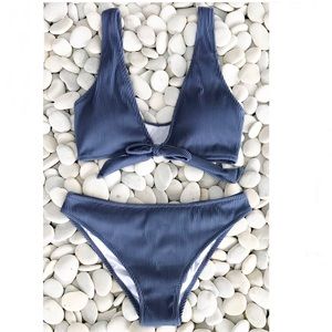 NWT Ribbed Tie Front Blue CupShe Bikini Set M